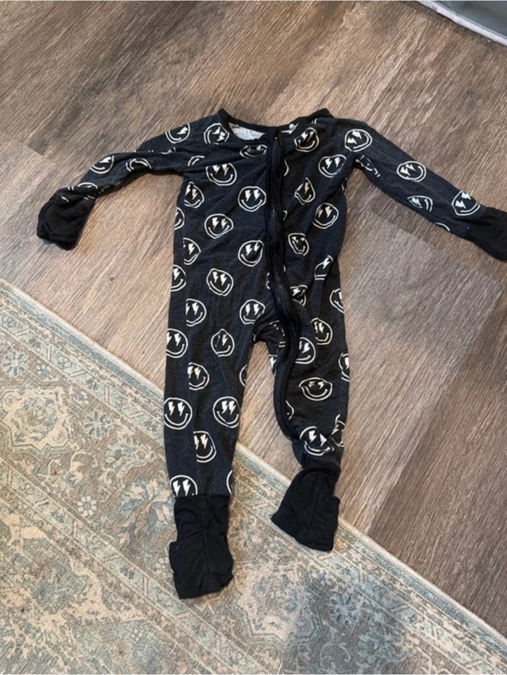 Black Smiley-Print Kids Footed One-Piece Pajama